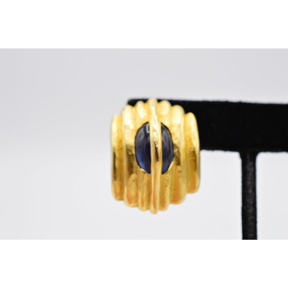 Givenchy Vintage Cabochon Clip On Earrings Brushed Gold Blue Chunky Signed BinX - Picture 7 of 12